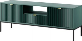 Stolik RTV Geriffelt NOVA, złote uchwyty, 2 drzwi, szuflada, półka, 154x56x39cm, czarna fasada, rama labrador