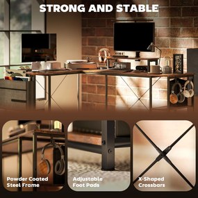 HOMCOM Biurko narożne w kształcie L z półkami regulowanymi i torbą do przechowywania brązowe | Aosom PL