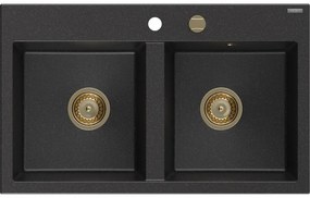Mexen Hektor zlewozmywak granitowy 2-komorowy 800 x 480 mm, czarny/srebrny metalik, syfon złoty - 6521802000-73-G
