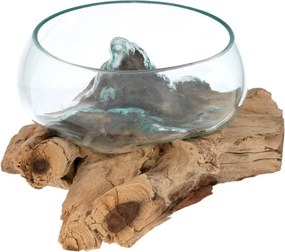 Ręcznie wykonana szklana miska na drewnie teakowym, 20 cm.