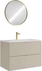 Szafka łazienkowa wisząca z wpuszczaną umywalką, baterią i lustrem – beż – 80 cm – DORIONI