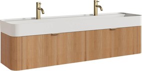 Wisząca szafka łazienkowa z prążkowanego drewna jesionowego z podwójną umywalką podblatową do zabudowy i baterią - Jasny naturalny - 150 cm - BULMAS