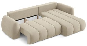 Jasnobrązowy rozkładany narożnik z materiału bouclé ze schowkiem (prawostronny/z szezlongiem) Pele – Makamii