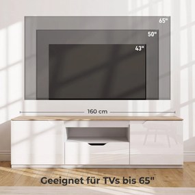 HOMCOM Lowboard TV, wysoki połysk, dla telewizorów do 165 cm, 3 schowki, szuflada, 160 x 38 x 43 cm, naturalne drewno | Aosom PL