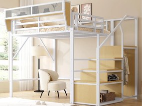 Łóżko antresola 140×200 cm - z drabinką - modułowe schowki - metalowe - białe (bez materaca)