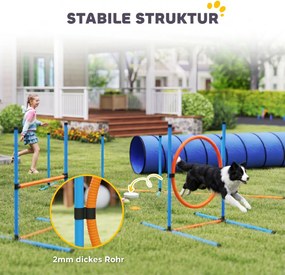 PawHut Zestaw treningowy Agility dla psów, 8-częściowy zestaw z tunelem, tyczkami slalomu, regulowanymi przeszkodami, obręczą do skoków, miską | Aosom PL
