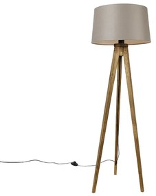 Rustykalna lampa stojąca na trójnogu z vintage'owego drewna z abażurem z lnu w kolorze taupe 45 cm - Tripod Classic Rustykalny / Vintage Oswietlenie wewnetrzne