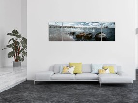 Obraz - Drewniane łodzie na jeziorze (170x50 cm)