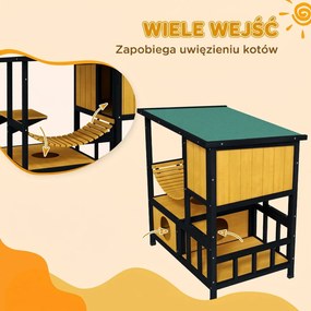 PawHut Dom dla Kotów Kocia Jama, odporny na warunki atmosferyczne, 1 rampa, 1 platforma, 84,5 x 60 x 88 cm, Zielony + Naturalny