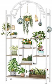 5-poziomowy stojak na rośliny doniczkowe – metalowa półka w kształcie łuku z haczykami do zawieszania, kolor biały i szary