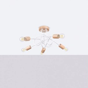 Żyrandol minimalistyczny Sparkon, stal/drewno - 5 źródło światła 4000K - L.15 x H.26 cm - biały/naturalne drewno