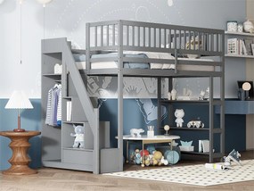Łóżko mezzanine 90x200 cm z drewna - z półkami i szafą - z wysokimi prętami - Szary
