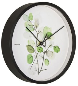 Zielono-biały zegar w czarnej ramie Karlsson Eucalyptus, ø 26 cm