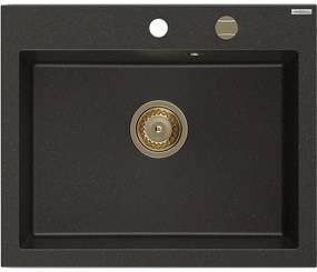 Mexen Elix zlewozmywak granitowy 1-komorowy 600 x 500 mm, czarny/złoty metalik, syfon złoty - 6525601005-75-G