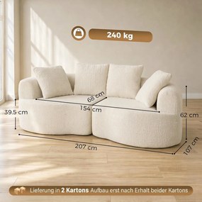 HOMCOM Sofa 3-osobowa 207 cm Cloud Sofa z efektem chenille, 4 poduszki dekoracyjne do sypialni, montaż bez narzędzi, kremowo-biała | Aosom PL