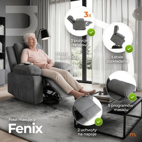 Fotel Masujący FENIX z Funkcją Wstawania Elektrycznie Rozkładany Szary Nowoczesny