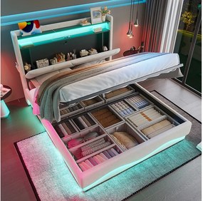 Łóżko tapicerowane ze schowkiem - 160 x 200 cm - zagłówek z diodami LED i półkami - z portami USB + kieszenie boczne - aksamit - beż