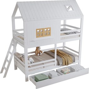Łóżko piętrowe dziecięce 90x200 cm - z oknem - z 2 szufladami - z drabiną - lite drewno + MDF - biały + naturalny​ (bez materaca)