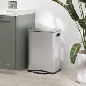 HOMCOM Kosz na śmieci z pokrywą i pedałem, Stal nierdzewna, Komory 2x20 L, Srebrny