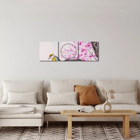 Obraz - ptak na drzewie z różowymi kwiatami (z zegarem) (90x30 cm)