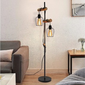 NETTLIFE Lampa podłogowa Vintage do salonu, drewniana, 2-płomieniowa, metalowa, z czarnym przełącznikiem E27 - Wysokość: 151 cm - Bez żarówki