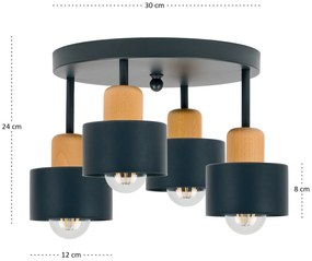 Antracytowa lampa sufitowa, czteropunktowy spot D4BU3030AN z drewna i