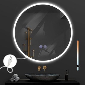 NETTLIFE Lustro z oświetleniem, okrągłe lustro ścienne LED 80 cm IP44 z funkcją dotykową i ściemnialnym światłem