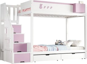 Łóżko piętrowe dziecięce 90x200 cm - zdejmowany pojemnik do przechowywania - drabinka bezpieczeństwa - z 2 szufladami - biały + różowy
