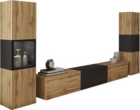 Meblościanka do salonu z oświetleniem LED, zestaw wisząco-stojący z szafką RTV 180 cm, witryną i słupkiem, korpus dąb wotan, wstawka czarny mat