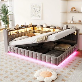 Łóżko z pojemnikiem 140 x 200 cm, otwartymi półkami, oświetleniem LED, gniazdami USB i typu C - Aksamit + MDF - Jasnoszary (Materac nie jest wliczony w cenę)