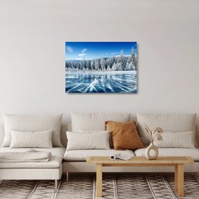 Obraz na szkle zamarzniętego jeziora i pokrytych śniegiem drzew (70x50 cm)