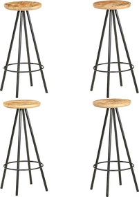 Zestaw 4 Stołków Barowych z Surowego Drewna Mango w Stylu Industrialnym z Wbudowanym Podnóżkiem