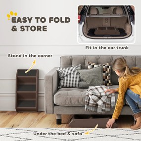 PawHut Schody dla psów 3 stopnie 36,5 cm wysokości składane schody dla małych psów do łóżka, kanapy, sofy, auta, brązowe | Aosom PL