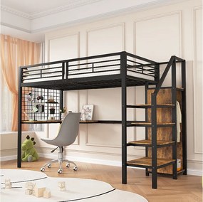 Łóżko piętrowe 90 x 200 cm z biurkiem narożnym i szafą - żelazo + płyta wiórowa - czarny + naturalny