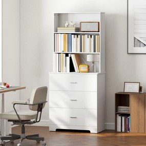 HOMCOM Regał na książki, wysoki regał/witryna z 3 szufladami i 3 otwartymi półkami, do salonu i kuchni, 79x39,5x180 cm, biały