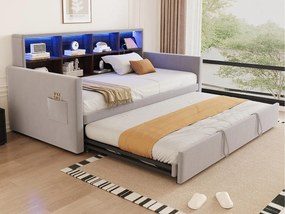 Rozkładana sofa z poduszkami 90x190cm - z oświetleniem LED - z gniazdem ładowania - z wysuwane łóżko - tkanina welurowa - Jasnoszary