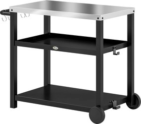 Outsunny Wózek Grillowy 3-Poziomy z Powierzchnią Roboczą, Półkami, Haczykami, Kołami, Stal Nierdzewna 102x50x81cm Węgielny Szary