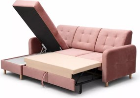 Stylowy tapicerowany narożnik Pink z funkcją spania i pojemnikiem na pościel