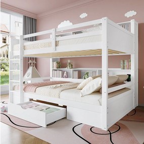 Łóżko piętrowe dwuosobowe z szufladą i regałami na książki - 90 x 200 cm - drewno sosnowe i płyta MDF - w zestawie stelaż listwowy - białe