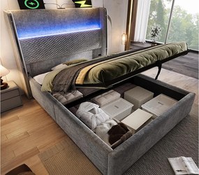 Łóżko z boxem pikowane 90x200 cm - z oświetleniem LED - z portami USB i Type-C - tkanina lniana - Szary (bez materaca)