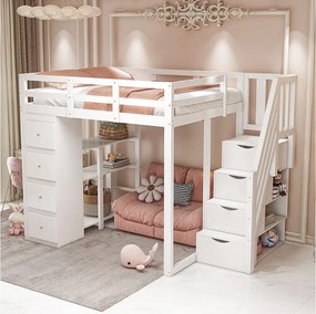 Łóżko piętrowe dla dzieci - 140 x 200 cm - z 4 szufladami + schodki do przechowywania - drewno - białe