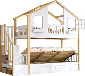 Łóżko piętrowe Enfamt - 2 x 90 x 200 cm - z łóżkiem hydraulicznym + oświetlenie LED + drabinka ze schowkiem - drewno - kolor biały i naturalny