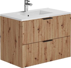 Szafka łazienkowa wisząca ryflowana z umywalką wpuszczaną w blat - Naturalny jasny - 80 cm - ZEVARA