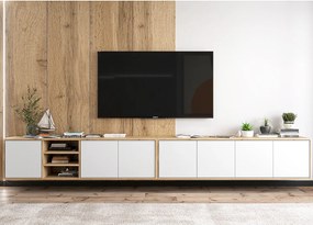 Szafka RTV z 7 drzwiami i 1 wnęką – korpus dąb wotan, fronty biały mat – 300 cm