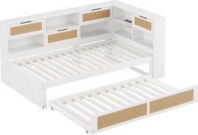 Łóżko dziecięce 90x200 cm - z gniazdem USB, półkami - drewno - białe