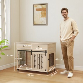 PawHut Skrzynia dla psa na kółkach, 2 drzwi, 2 szuflady, dla psów średnich i dużych, drewno, stal | Aosom PL