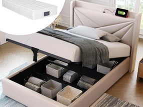 Łóżko ze schowkiem 90 x 200 cm - USB i typ C - tkanina lniana - stelaż z listew - beż + materac