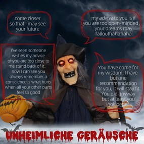 HOMCOM Dekoracja na Halloween Czarownica z miotłą, świecące oczy, straszne dźwięki, elastyczne ramiona, 107x65x190 cm