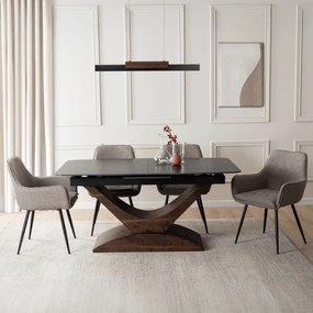 Zestaw Stół Rozkładany Ceramiczny ALICANTE 160-200 cm Czarny/Orzech i 4 Krzesła Tapicerowane EDRICK Brązowe