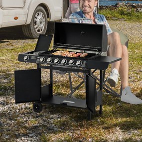 Outsunny Grill gazowy grill na kółkach z 7 palnikami szafka wielofunkcyjny metal czarny